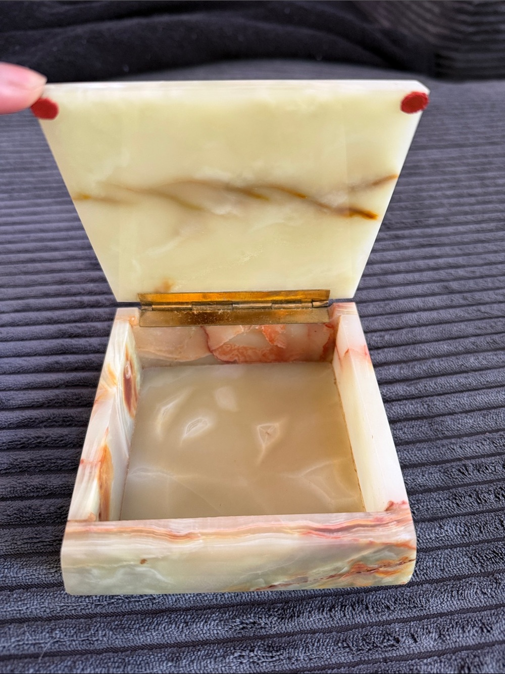 Onyx Marble Trinket Box with Hinged Lid - Cream Yellow Green Brown Stone